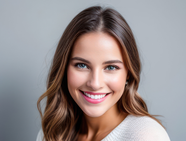 Portrait beautiful brunette model woman with white teeth smile